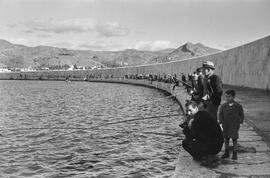 Concurso de pesca en el morro de levante. Hacia 1940. Málaga, España.