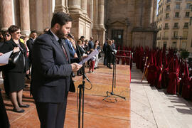 Acto de la Hermandad de los Estudiantes en la Catedral. Plaza del Obispo, Málaga. Abril de 2019