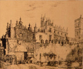 Sevilla, reproducción de un grabado de la Puerta de la Carne, destruida en 1864. Reynoso.
