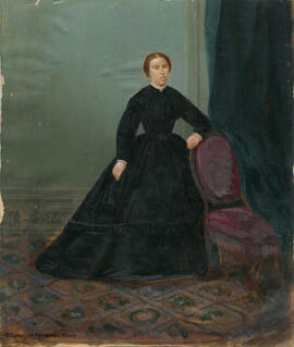 Retrato de mujer apoyada en una silla. Chicano fotógrafo y Gómez Vila pintor.