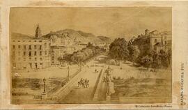 Málaga, reproducción de un grabado con una vista de la Alameda y el Puente de Tetuán. Rafael Rocafull.
