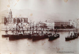 Málaga, el puerto, la Catedral y la Aduana, panorámica desde la Farola. Fotógrafo desconocido.