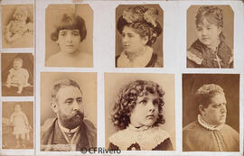 La Coruña, once retratos, niños en su mayoría, dos mujeres y dos hombres religiosos, sobre una tarjeta del fotógrafo. Valentín Medía.