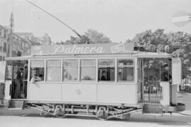 Tranvía en la plaza de la Marina. 1954, noviembre. Málaga. España.