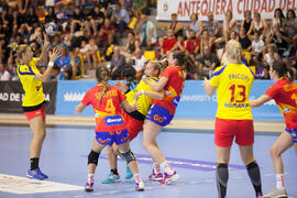 Partido Rumanía - España. Categoría femenina. Campeonato del Mundo Universitario de Balonmano. Antequera. Julio de 2016