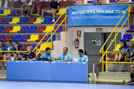 Mesa arbitral. Partido Egipto - China Taipei. Categoría masculina. Campeonato del Mundo Universitario de Balonmano. Antequera. Julio de 2016