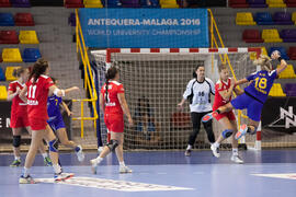 Partido Rumanía - Rusia. Categoría femenina. Campeonato del Mundo Universitario de Balonmano. Antequera. Julio de 2016