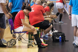 Jugadora lesionada. Partido Rusia - Polonia. Categoría femenina. Campeonato del Mundo Universitario de Balonmano. Antequera. Julio de 2016