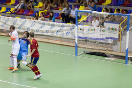 Partido España contra Bielorrusia. 14º Campeonato del Mundo Universitario de Fútbol Sala 2014 (FUTSAL). Antequera. Julio de 2014