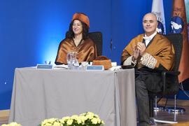 Juan Manuel Romero y Andrea Goldsmith en su investidura como doctora "Honoris Causa" por la Escuela Técnica Superior de Ingeniería de Telecomunicación de la Universidad de Málaga. Paraninfo. Octubre de 2024