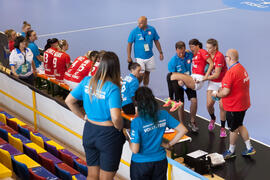 Jugadora lesionada. Partido Rusia - Polonia. Categoría femenina. Campeonato del Mundo Universitario de Balonmano. Antequera. Julio de 2016