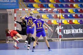 Partido Rumanía - Rusia. Categoría femenina. Campeonato del Mundo Universitario de Balonmano. Antequera. Julio de 2016