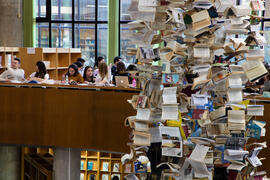 Biblioteca General con la instalación "Biblioteca de Babel XIII", de José Ignacio Díaz de Rábago. Campus de Teatinos. Enero de 2018