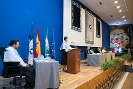 Lectura de la "Laudatio". Investidura como Doctor "Honoris Causa" de Carlos Álvarez Rodríguez por la Facultad de Filosofía y Letras de la Universidad de Málaga. Paraninfo. Mayo de 2018