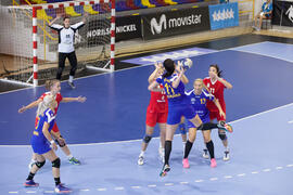 Partido Rumanía - Rusia. Categoría femenina. Campeonato del Mundo Universitario de Balonmano. Antequera. Julio de 2016