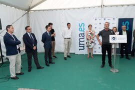 Intervención de Alberto García. Colocación de la primera piedra del huerto urbano y el parque frutal de la Universidad de Málaga. Campus de Teatinos. Julio de 2019