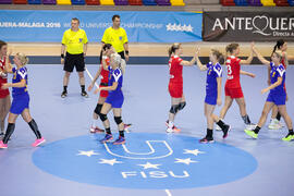 Partido Rumanía - Rusia. Categoría femenina. Campeonato del Mundo Universitario de Balonmano. Antequera. Julio de 2016