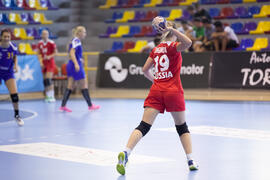Partido Rumanía - Rusia. Categoría femenina. Campeonato del Mundo Universitario de Balonmano. Antequera. Julio de 2016